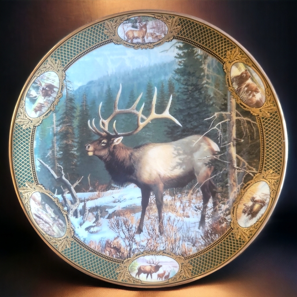 Vtg Franklin Mint Elk Porcelain Gold Accent Collector's Plate Boxed